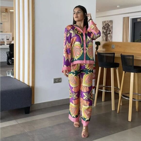 ZARA PRINTED PAJAMA-STYLE PANTS - Picture 9 of 16